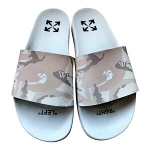 OFF-WHITE Pool Slides Camo Beige Virgil Abloh Industrial Logo Men Size EU 40